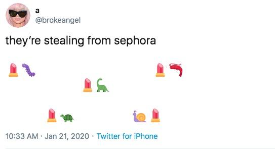Twitter post of animal emojis stealing from Sephora