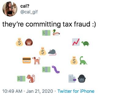 Twitter post of animal emojis commiting tax fraud