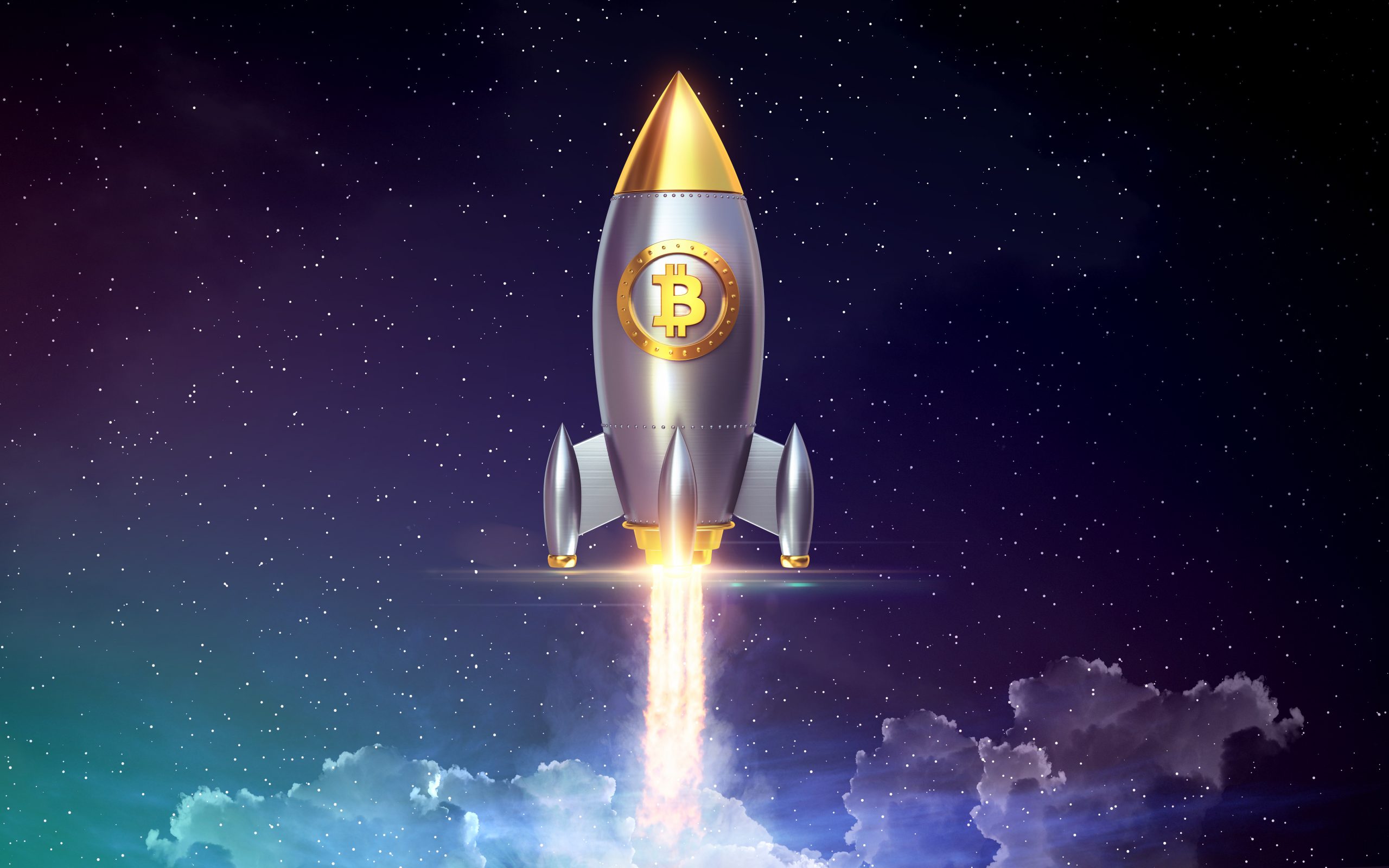 Rocket blasting off with bitcoin symbol