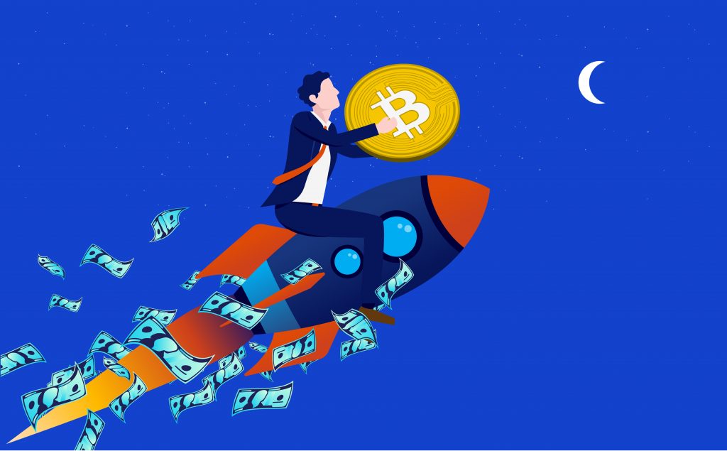 a businessman riding a rocket holding bitcoin