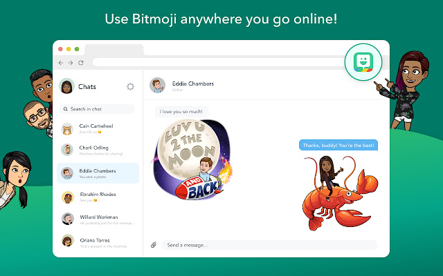 Bitmoji ad showing chat boxes against a dark green background 